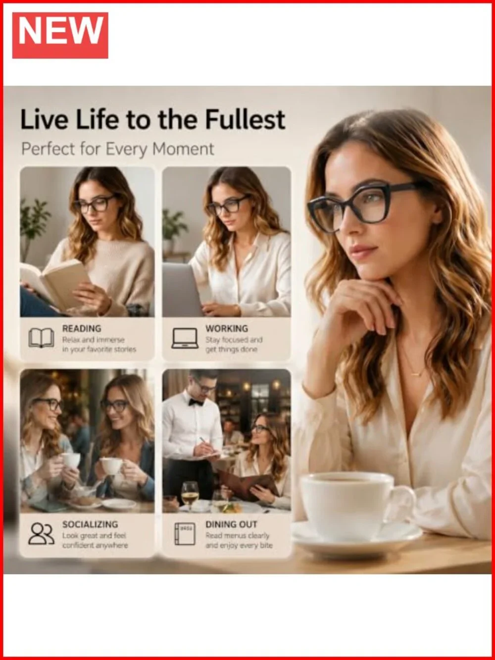Progressive Reading Glasses for Women, Oversized Geometric Readers, Blue Light